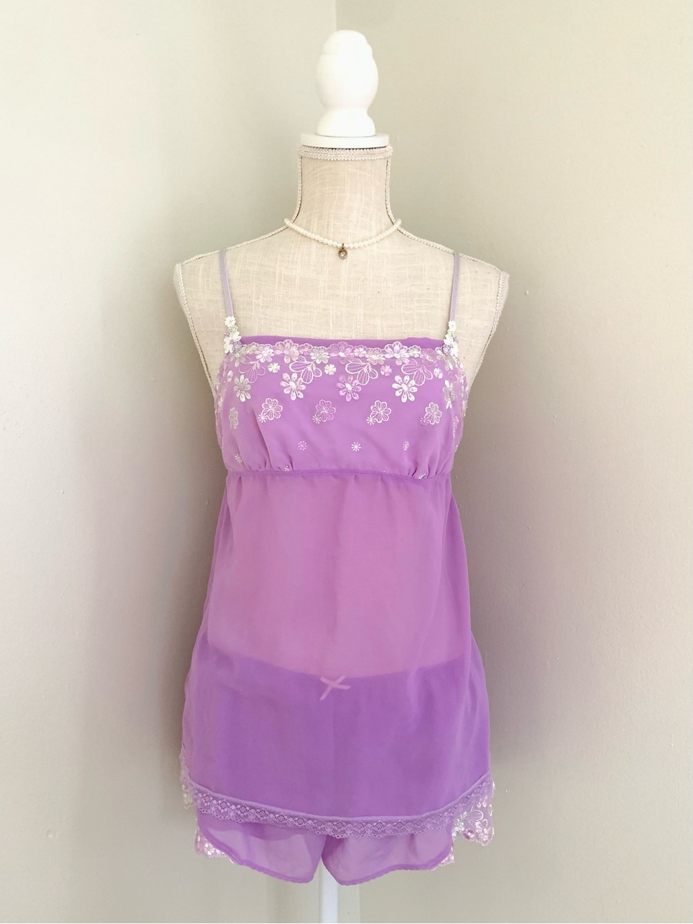 Lavender Floral Lace Chemise and Shorts Set